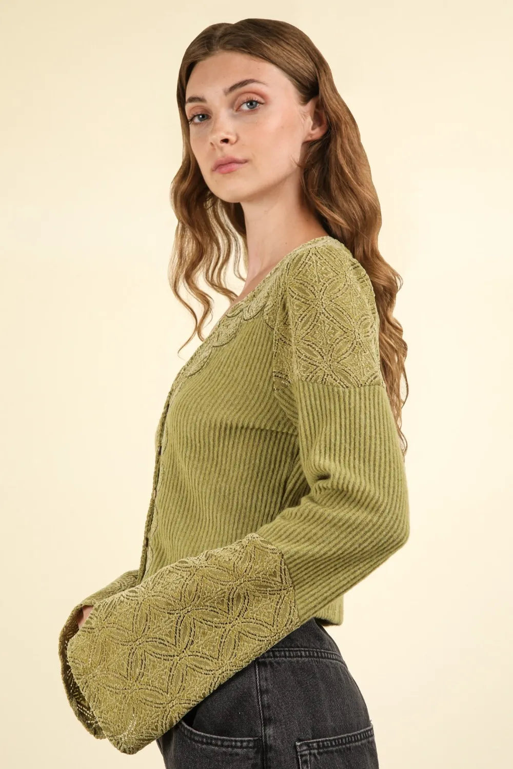 VERY J V-Neck Lace Detail Button Down Crop Ribbed Knit Top | Knit Tops Daverri Fashions