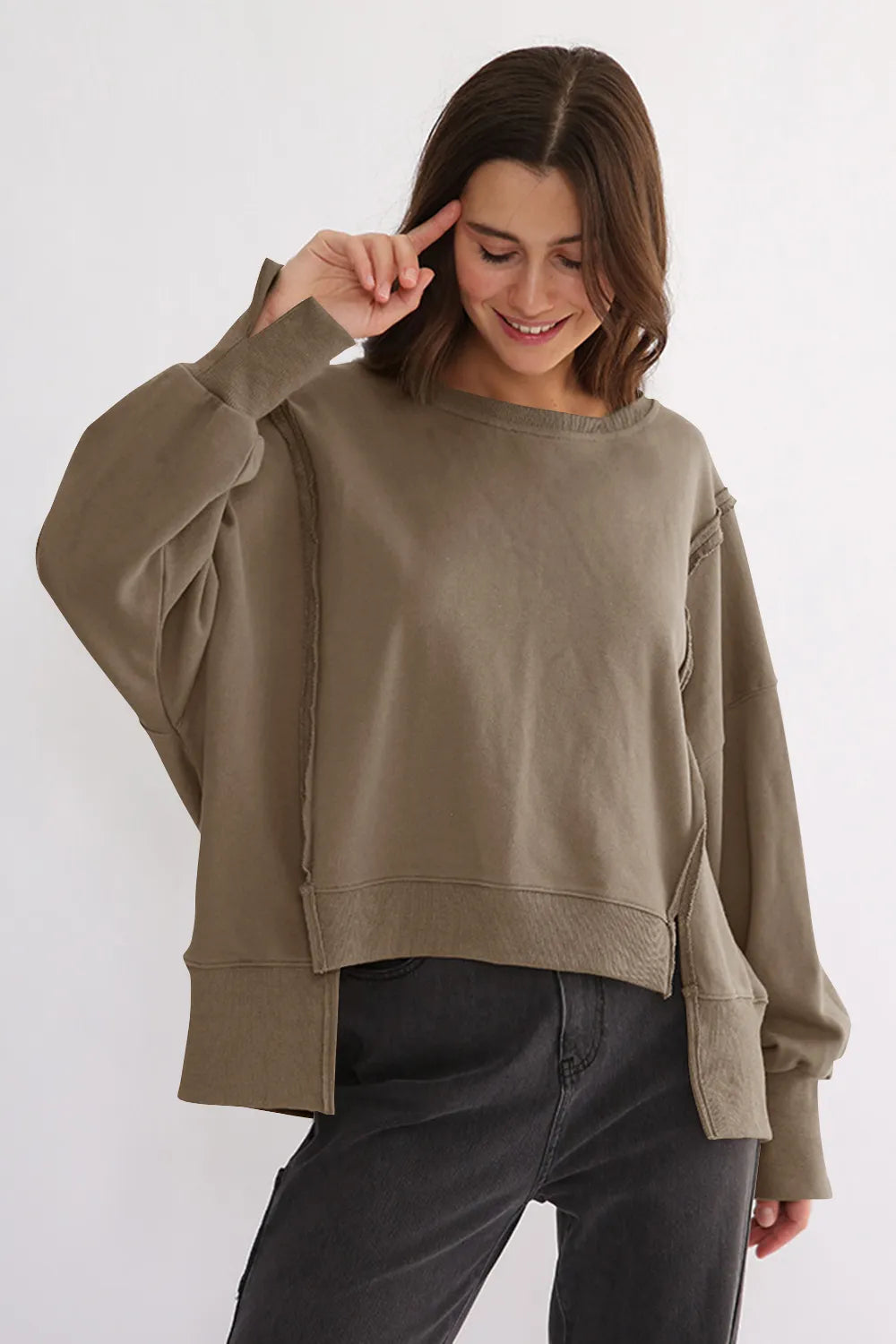Exposed Seam High-Low Long Sleeve Sweatshirt | Daverri Fashions