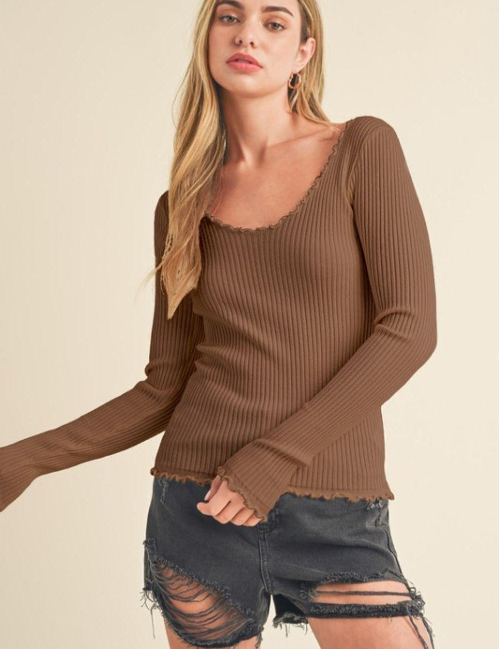 Aemi + Co Lettuce Hem Scoop Neck Long Sleeve Knit Top | Tops Daverri Fashions