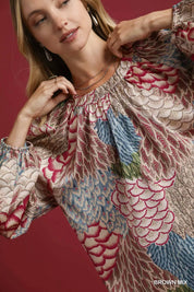 Umgee Boho Feather Print Peasant Blouse | Blouses Daverri Fashions
