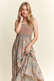 ADORA Smocked Printed Square Neck Tie Shoulder Cami Dress | Cami Dresses Daverri Fashions