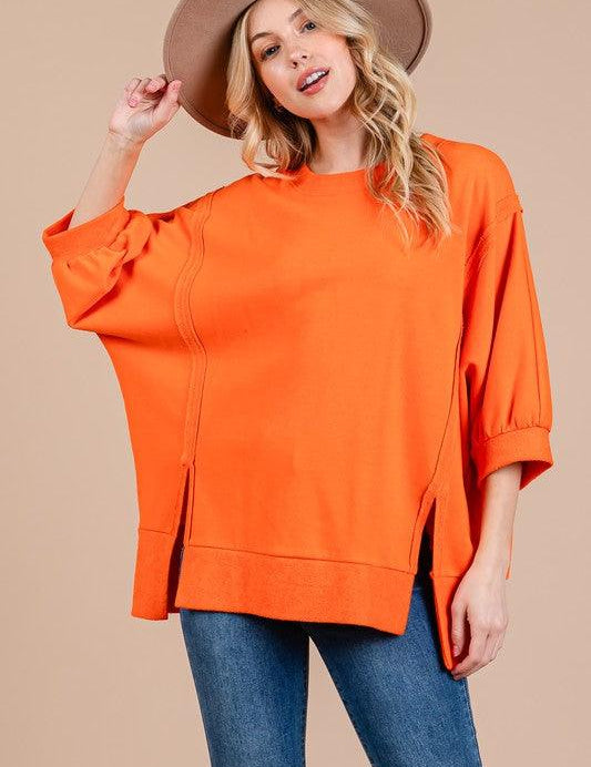 Orange Ces Femme Orange Side Slit Drop Shoulder Puff Sleeve Sweatshirt | Sweatshirts Daverri Fashions