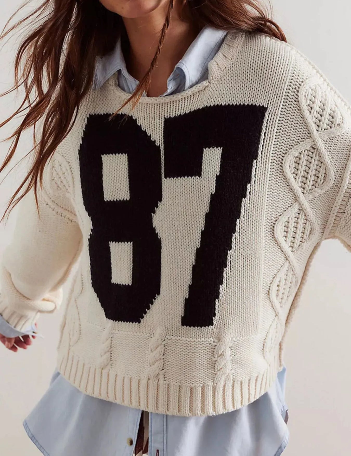 Number 87 Oversized Cable Knit Sweater | Sweaters Daverri Fashions