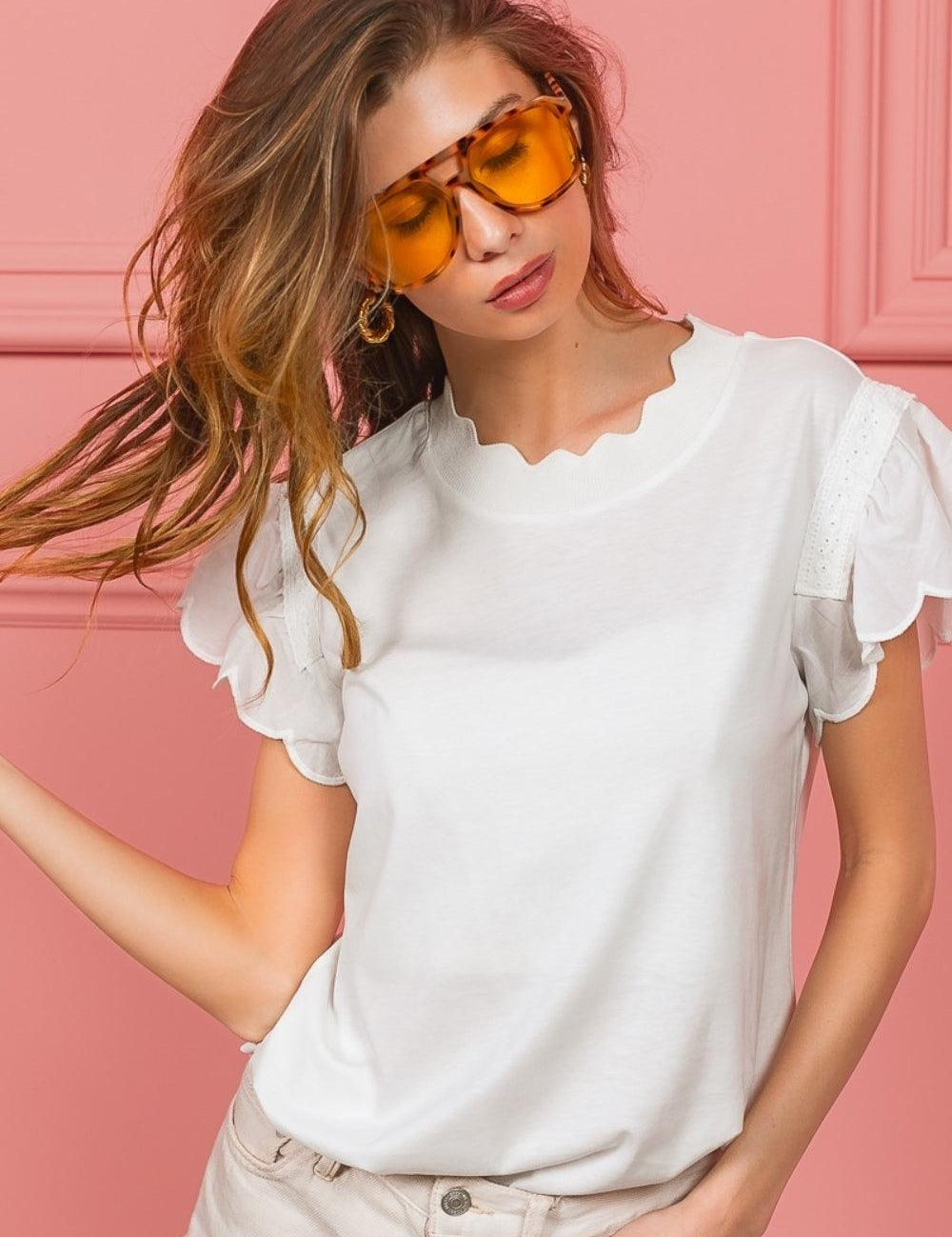 Off White BiBi Scallop Edged Lace Trim Top | Tops Daverri Fashions