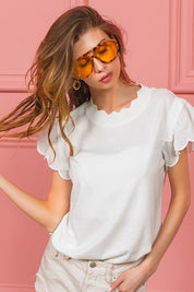 Off White BiBi Scallop Edged Lace Trim Top | Tops Daverri Fashions