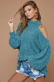 TEAL BiBi Belle Sweater Knit Open One Shoulder Turtle Neck | Sweaters Daverri Fashions