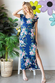 Heimish Full Size Floral Short Sleeve Slit Dress | Daverri Fashions