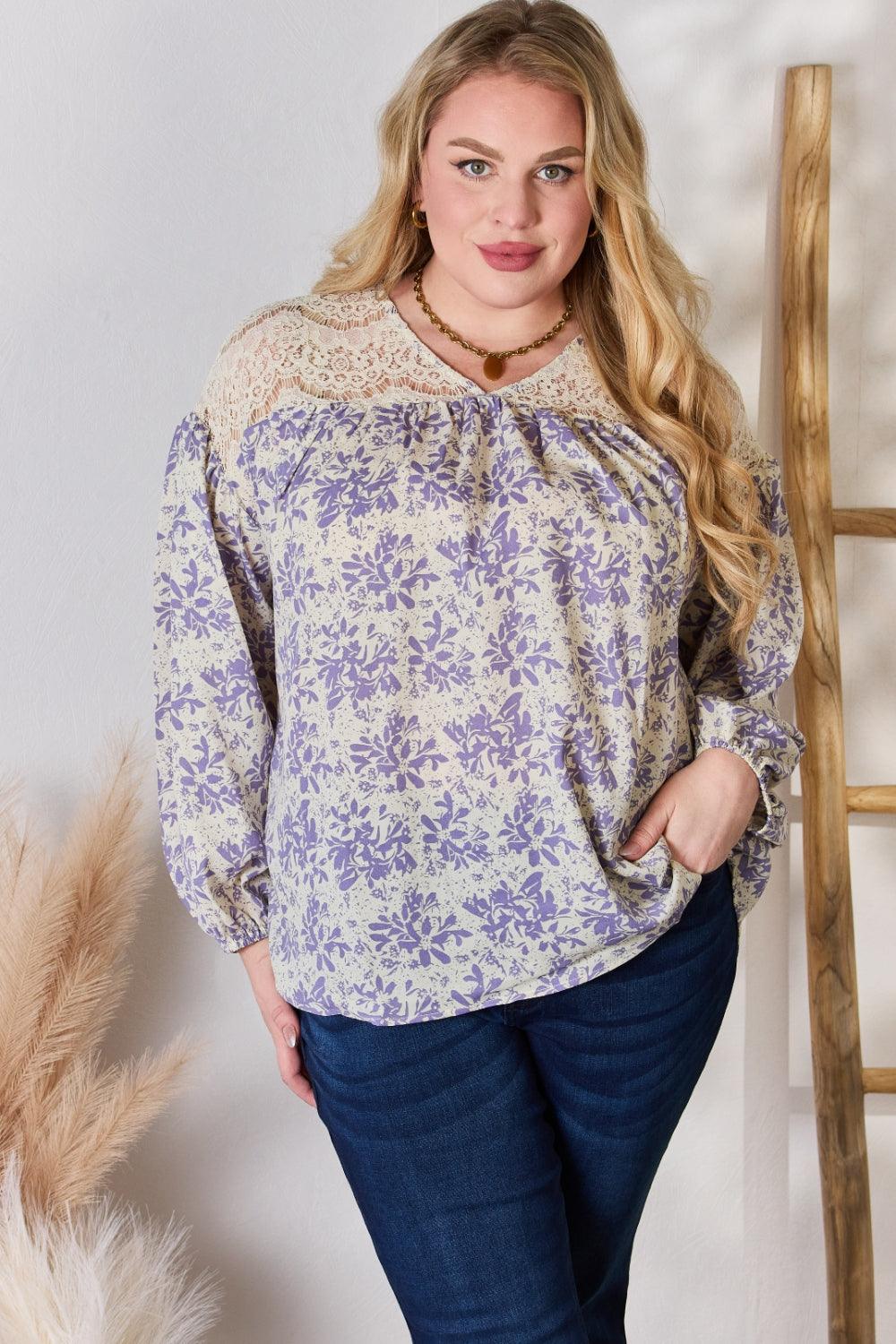 Hailey & Co Full Size Lace Detail Printed Blouse | Blouses Daverri Fashions
