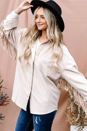 Beige And The Why Full Size Fringe Back Detailed Button Down Shacket | Daverri Fashions