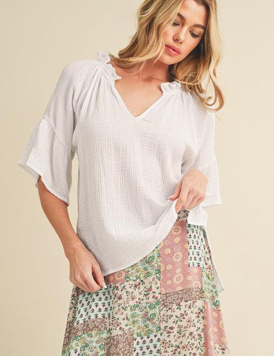 White Aemi + Co Side Slit Notched Ruffled Half Sleeve Blouse | Blouses Daverri Fashions