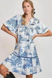 Blue M Umgee Two Tone Landscape Print Dress Plus Size | Mini Dresses Daverri Fashions