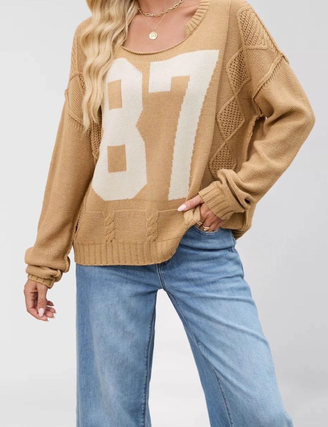 Khaki Number 87 Oversized Cable Knit Sweater | Sweaters Daverri Fashions