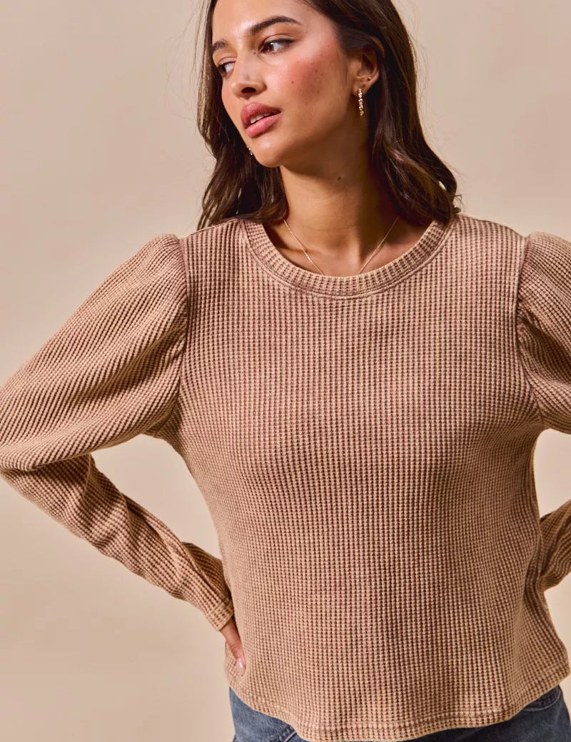 SO ME Mineral Washed Waffle Top With Puff Sleeves | Knit Tops Daverri Fashions