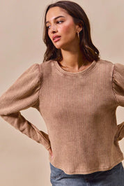 SO ME Mineral Washed Waffle Top With Puff Sleeves | Knit Tops Daverri Fashions