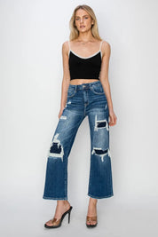 Risen Full Size High Rise Patch Detailed Wide Leg Crop Jeans | Jeans Daverri Fashions