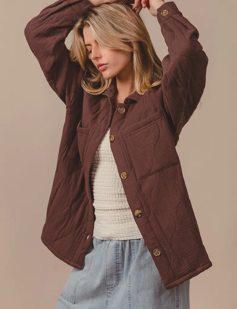 MOCHA BiBi Quilted Wrinkle Gauze Long Sleeve Shacket | Daverri Fashions