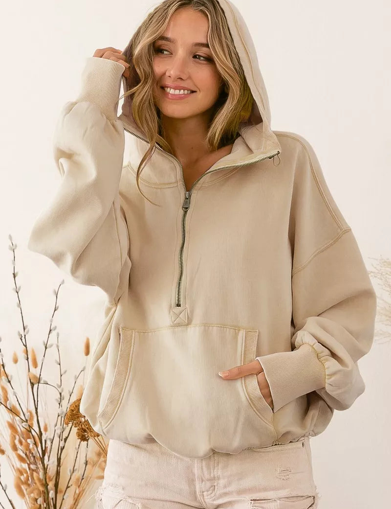 OATMEAL BiBi Stitch Detailed Elastic Hem Half Zip Fleece Hoodie Oatmeal | Hoodies Daverri Fashions