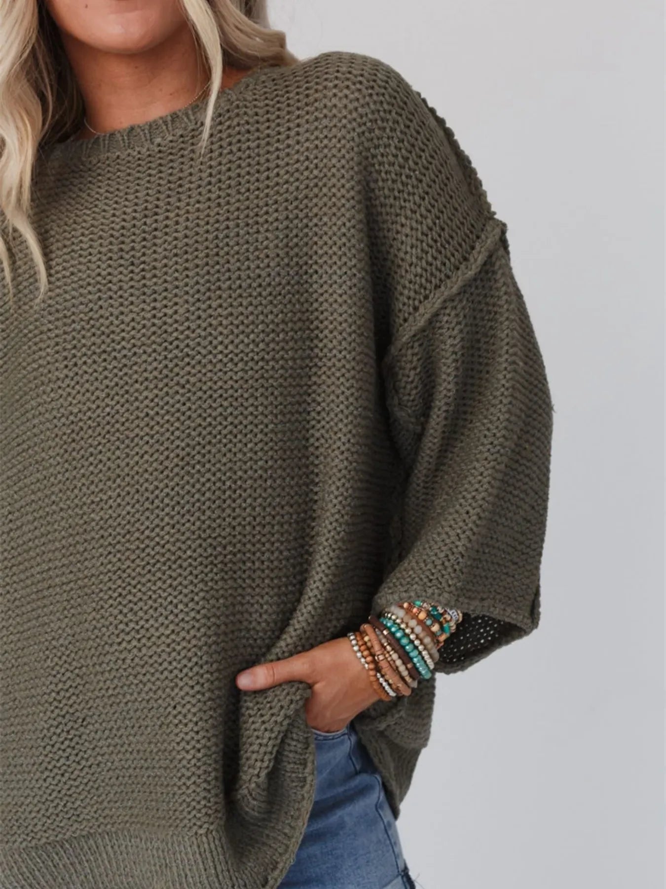 Round Neck Oversized Knit Top with Relaxed Fit | Tops Daverri Fashions