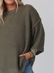 Round Neck Oversized Knit Top with Relaxed Fit | Tops Daverri Fashions