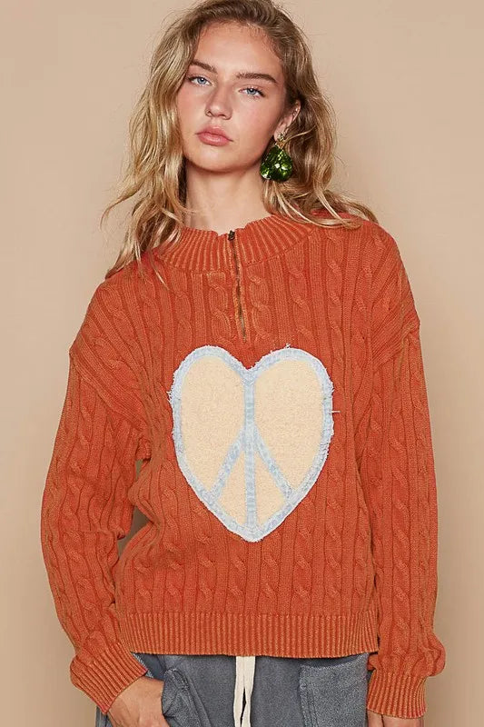 POL Cable-Knit Peace Patch Dropped Shoulder Sweater | Daverri Fashions