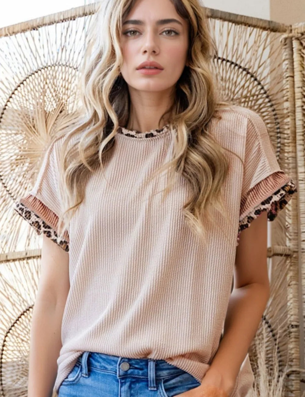 Beige Leopard Trim Round Neck Ribbed T-Shirt | T-Shirts Daverri Fashions