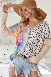 BiBi Print Block V Neck Top with Contrast Stitching | Tops Daverri Fashions