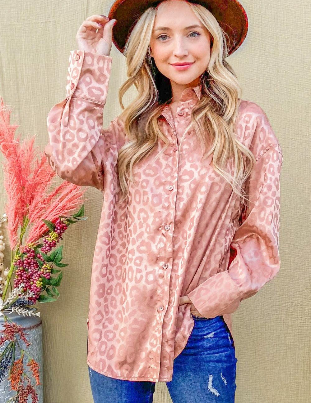 Rosegold And The Why Satin Leopard Button Up Curved Hem Shirt | Daverri Fashions