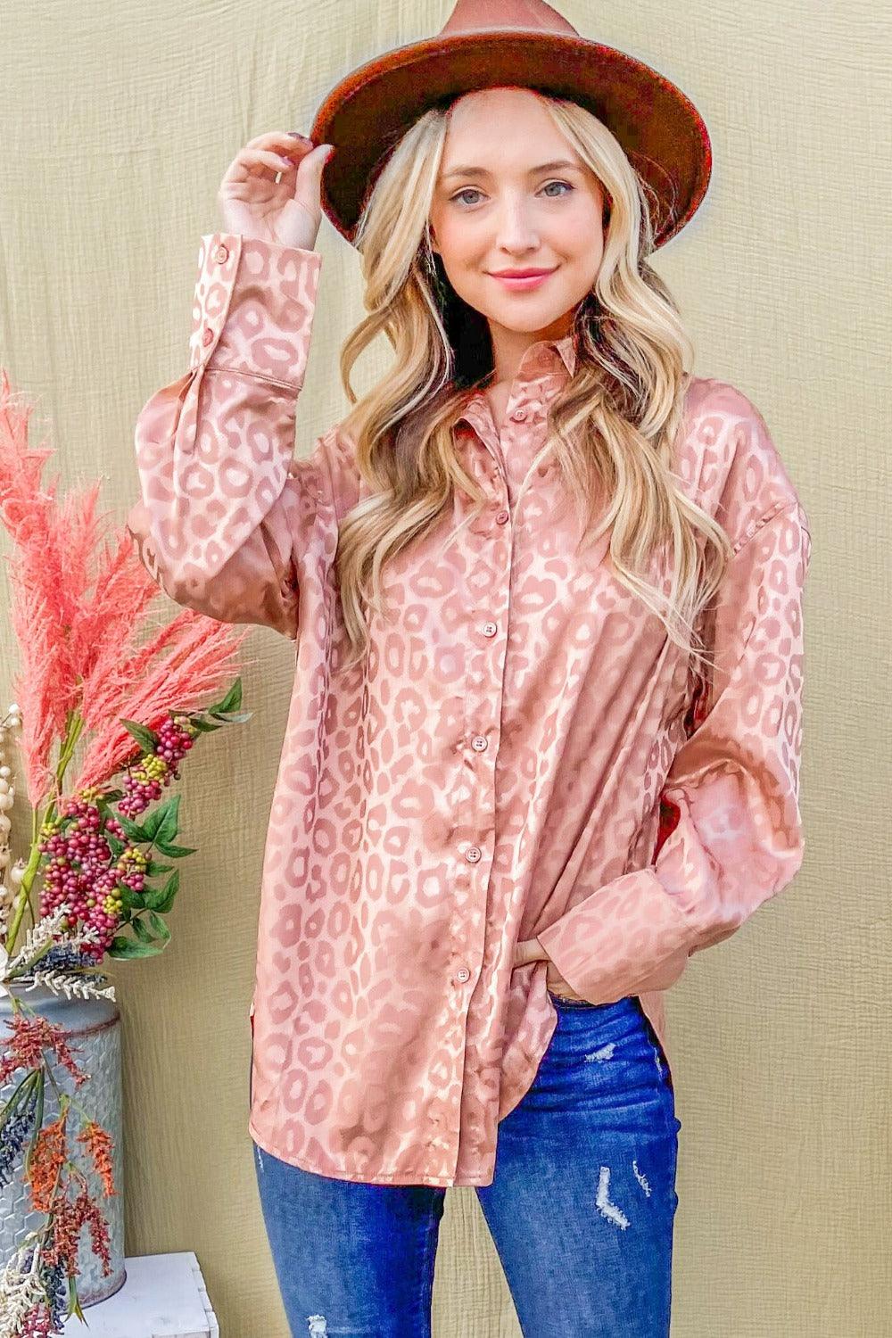 Rosegold And The Why Satin Leopard Button Up Curved Hem Shirt | Daverri Fashions