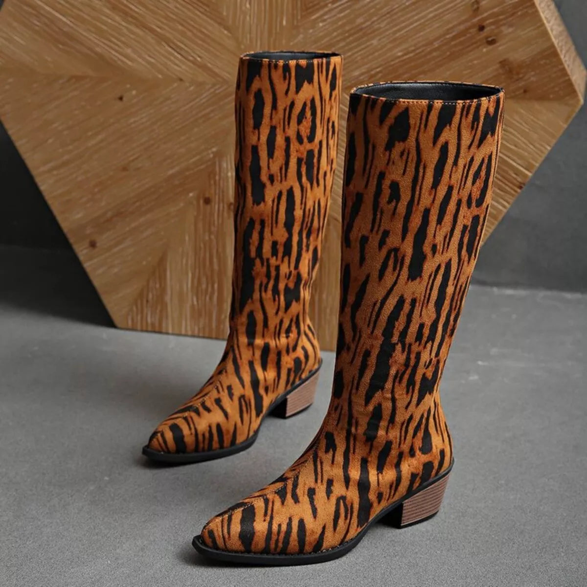 Animal Print Point Toe Block Heels Boots | Boots Daverri Fashions