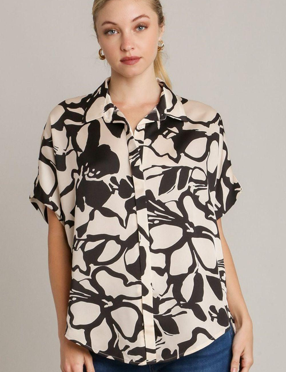 Black Umgee Full Size Two Tone Print Button Down Top with hidden Plackets | Tops Daverri Fashions