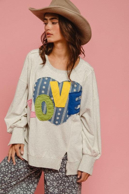 BiBi LOVE Heart Patch Slit French Terry Sweatshirt | Sweatshirts Daverri Fashions