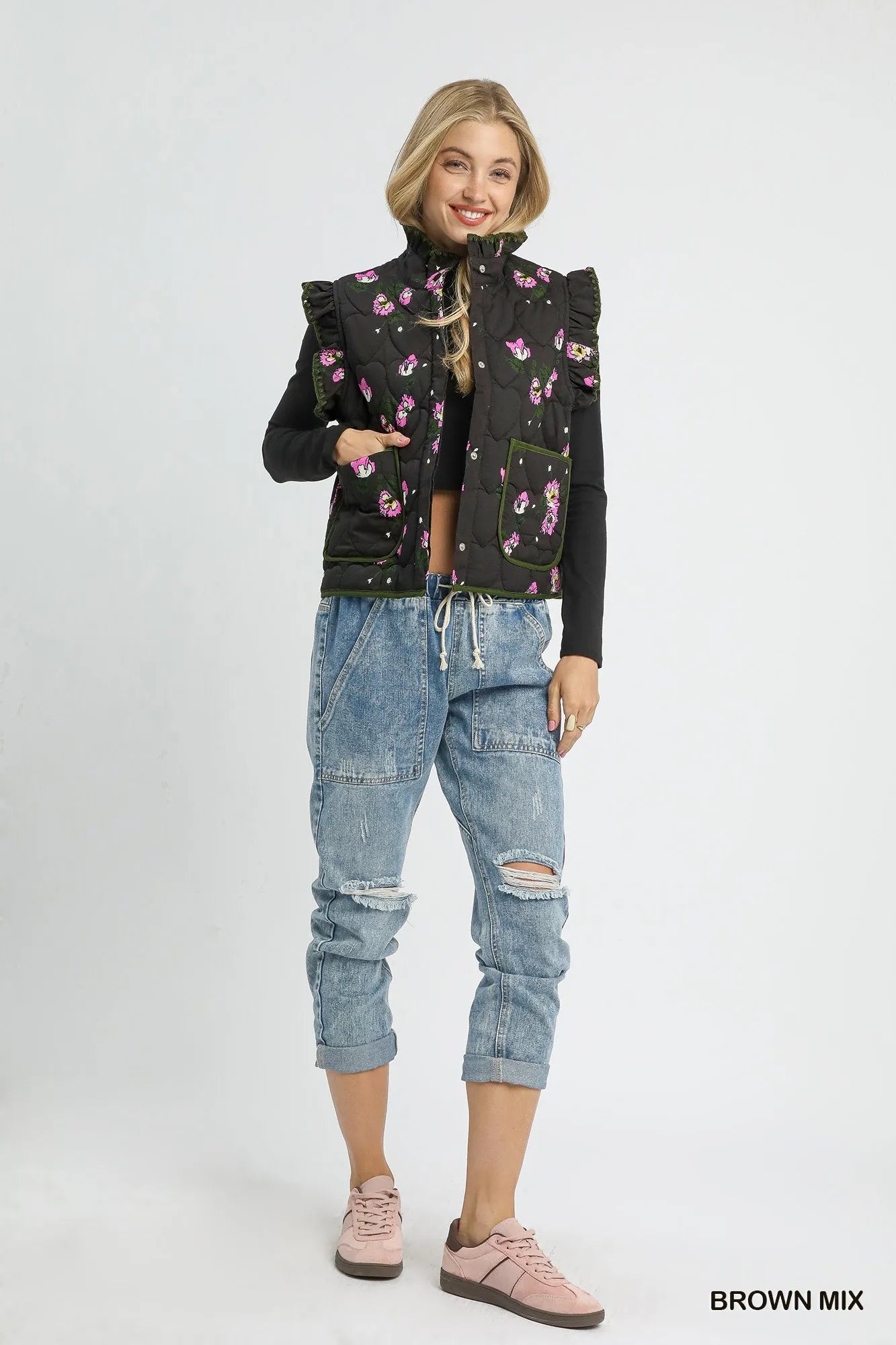 Umgee Ruffled Quilted Floral Snap Down Vest | Daverri Fashions
