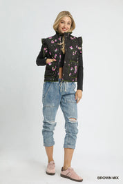 Umgee Ruffled Quilted Floral Snap Down Vest | Daverri Fashions