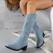 Light Blue Embroidered Point Toe Block Heels Boots | Boots Daverri Fashions