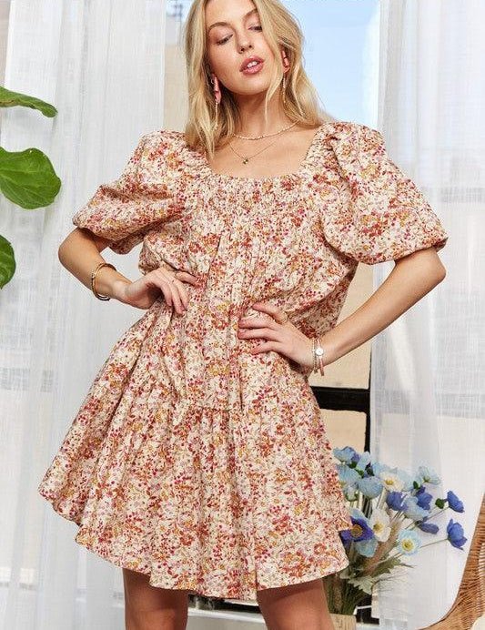 Orange L ADORA Floral Square Neck Puff Sleeve Dress | Daverri Fashions