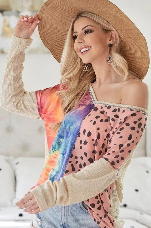 BiBi Print Block V Neck Top with Contrast Stitching | Tops Daverri Fashions