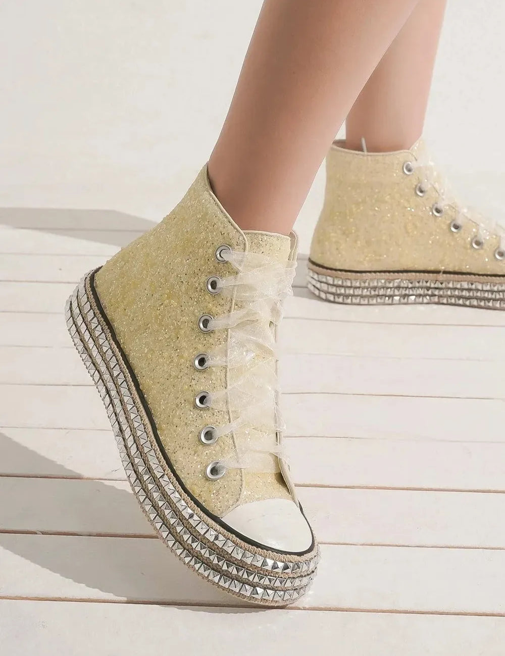 White Beast Fashion Glitter Lace-Up Studded Platform Sneakers | Sneakers Daverri Fashions