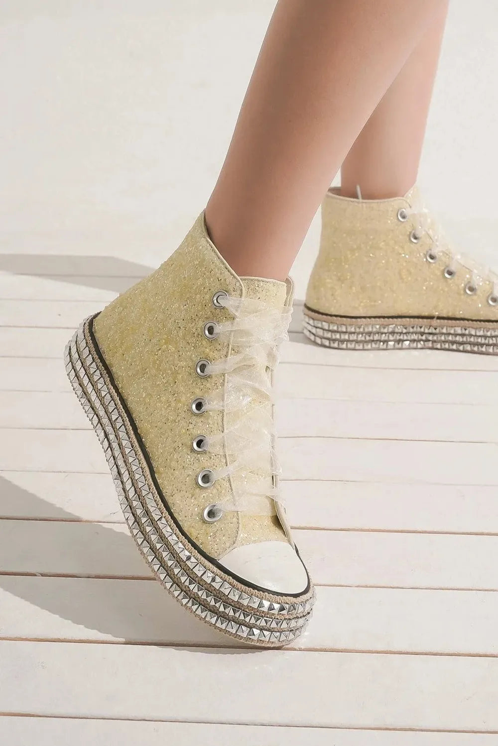 White Beast Fashion Glitter Lace-Up Studded Platform Sneakers | Sneakers Daverri Fashions