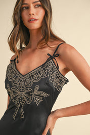 Mable Embroidered Cami Satin Midi Slit Dress | Daverri Fashions