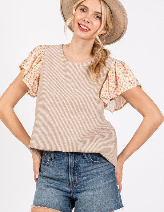 Tan Ces Femme Round Neck Floral Short Sleeve Top | Tops Daverri Fashions