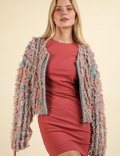 Green Multi S VERY J Shaggy Yarn Knit Zip Up Jacket | Daverri Fashions