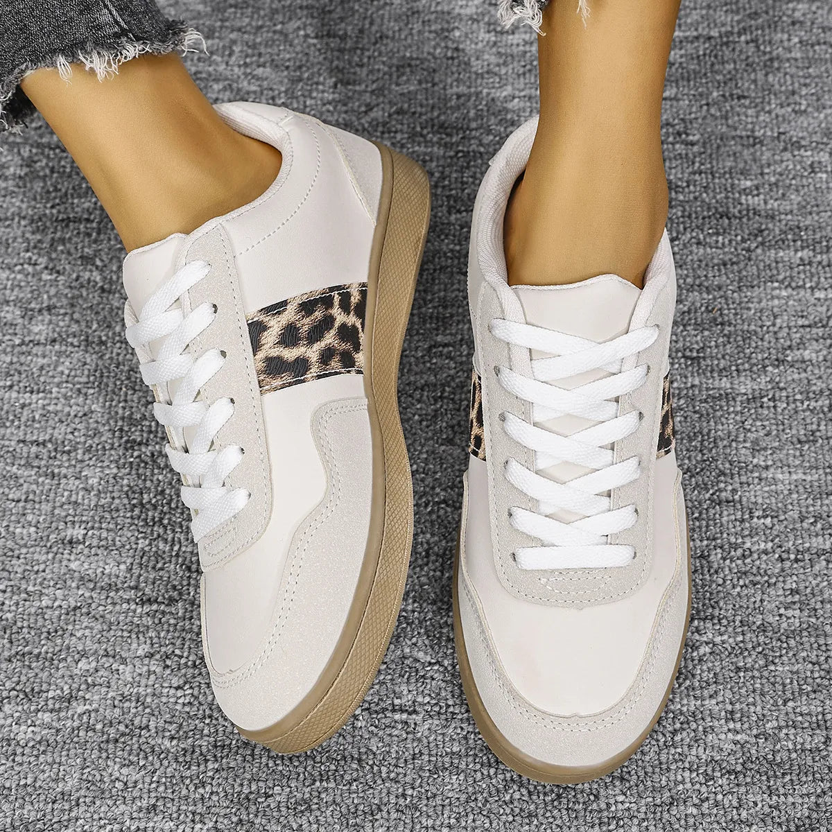 White Leopard Lace Up Round Toe Sneakers | Sneakers Daverri Fashions