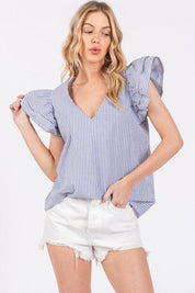 Ces Femme Striped V-Neck Ruffled Cap Sleeve Blouse | Blouses Daverri Fashions