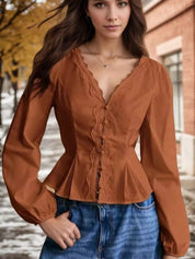Caramel Lace Detail Balloon Sleeve Blouse | Blouses Daverri Fashions