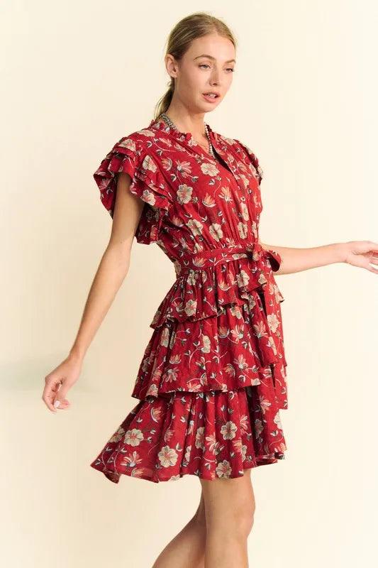 Davi & Dani Ruffle Flutter Sleeve Tie Belt Tiered Mini Dress | Mini Dresses Daverri Fashions