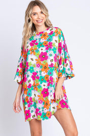 Multi GeeGee Full Size Floral Round Neck Lantern Sleeve Mini Dress | Mini Dresses Daverri Fashions