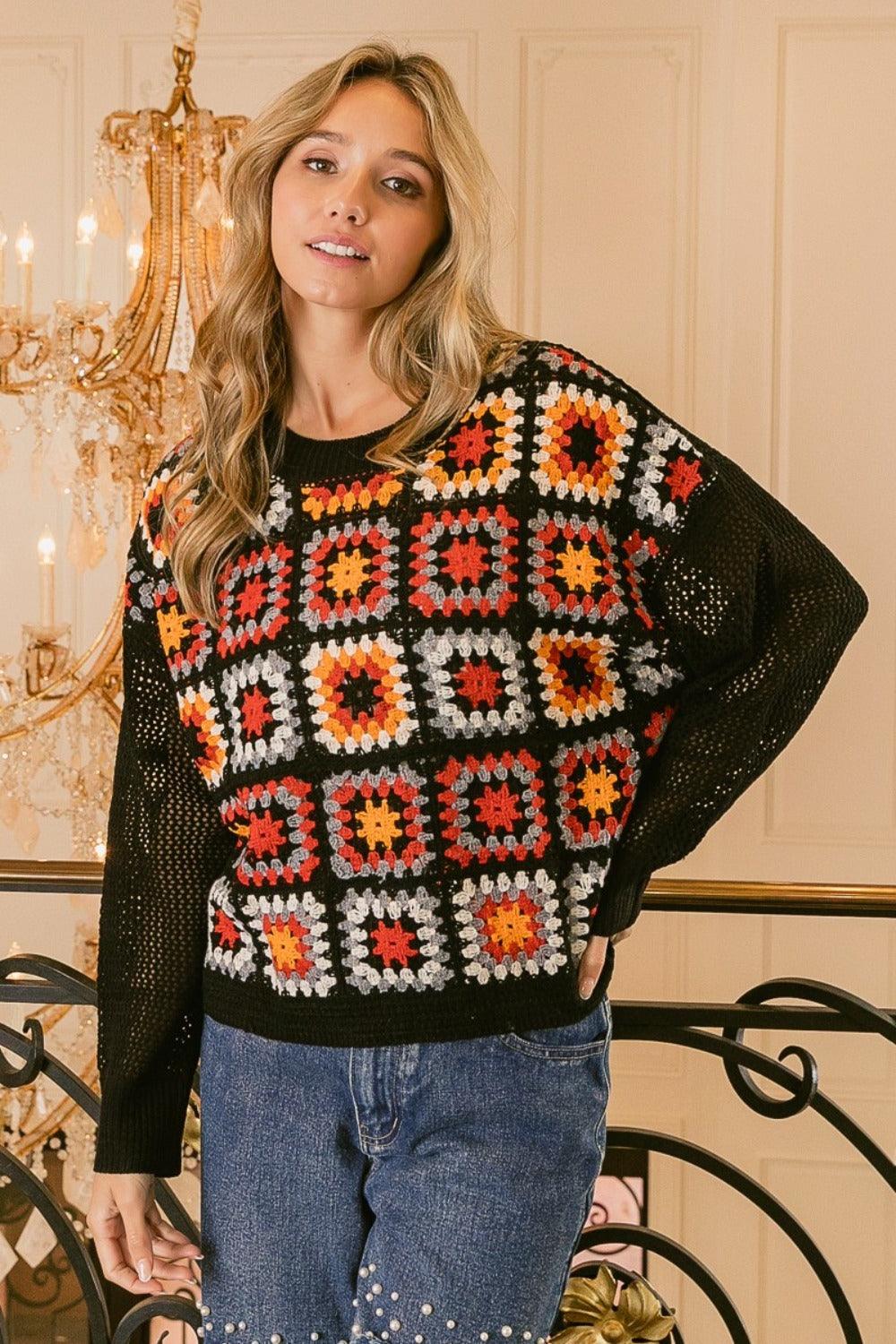 Black Multi S BiBi Granny Square Front Long Sleeve Top | Tops Daverri Fashions