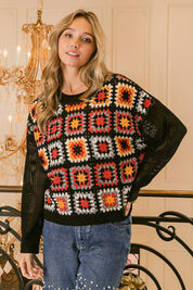 Black Multi S BiBi Granny Square Front Long Sleeve Top | Tops Daverri Fashions
