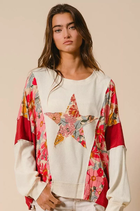 BiBi Floral Print Mixed Star Patch Round Neck Sweatshirt - DAVERRI FASHIONS