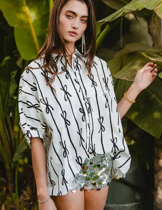 BiBi Bow Ribbon Woven Printed Button Down Shirt | Shirts Daverri Fashions